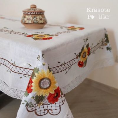 Лляна скатертина “Польові квіти – соняхи та маки” #3057, розміри 150×220 см та 135×180 см
