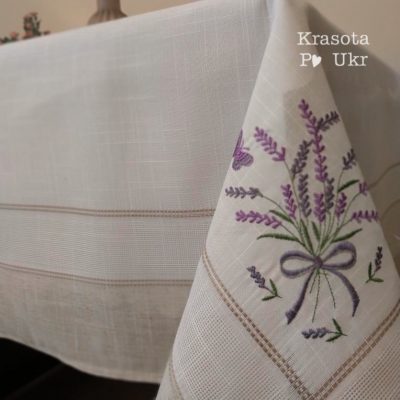Лляна скатертина “Прованс” з вишивкою лаванди #des22, розміри 150×220 см та 180×420 см