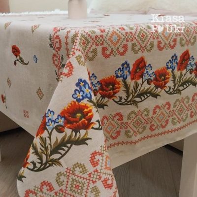 Скатертина в українському стилі "маки та волошки" з вишитим мотивом - 110*150 см,  150*180 см, 150*220 см