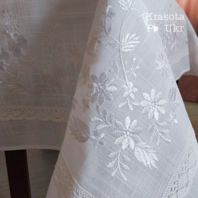 Скатертина “білим по білому” з вишивкою, прямокутна, розміри 135×180 см та 150×220 см, арт. #264