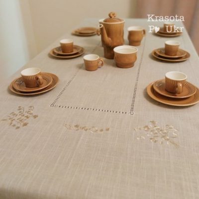Скатертина на стіл натурального кольору з вишивкою, дизайн “мінімалізм” #827 (150*220 см)
