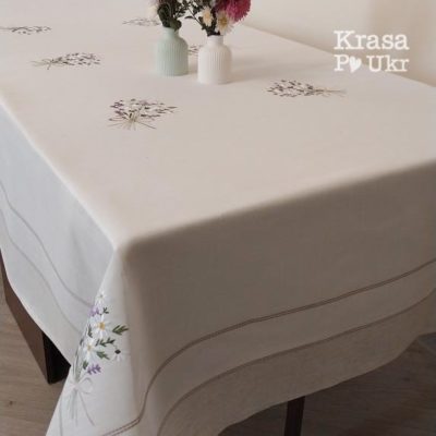 Скатертина лляна з вишивкою “ромашка та лаванда” - 150*220 см