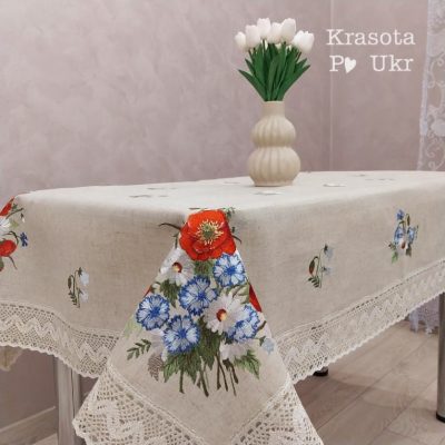 Скатертина для пасхального столу з вишивкою “Польовий букет” #063, 110×160 см