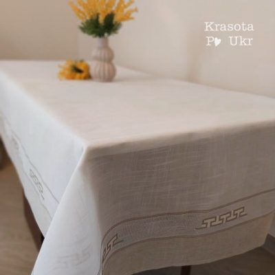 Лляна скатертина з геометричною вишивкою #des33, розмір 150×220 см