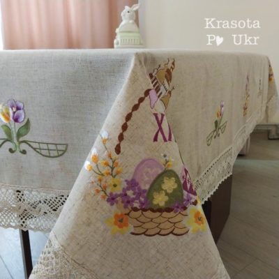 Скатертина 150*220 см натуральний льон, “Лавандовий Великдень”