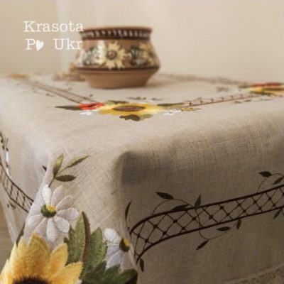 Натуральна лляна скатертина з вишивкою “Симфонія соняхів” #057, розміри 135×180 см, 180×280 см, 180×320 см
