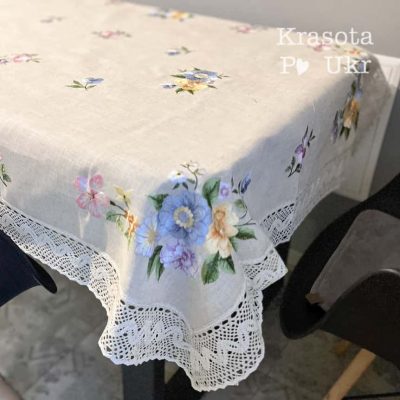 Скатертина натурального кольору з вишивкою “Квітковий букет” #838, розмір 110×160 см