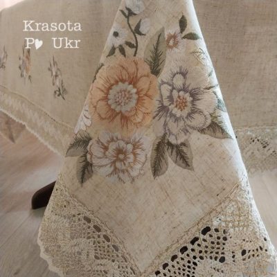 Лляна скатертина з вишивкою “Пастельні квіти” #841, розміри 110×160, 135×180, 150×220 см