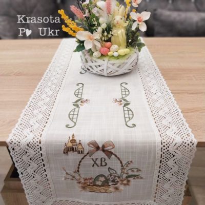 Великодній ранер на стіл 150*45 см, “Пастельна квіткова корзинка”