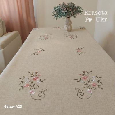 Скатертина на стіл “Цвіт вишні”, колір натурального льону #922 (150*220 см)