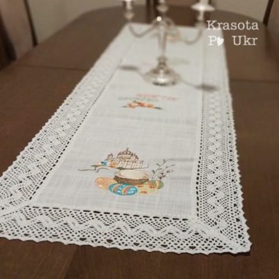 Великодній ранер на стіл 150*45 см, “Українські писанки”, білий льон