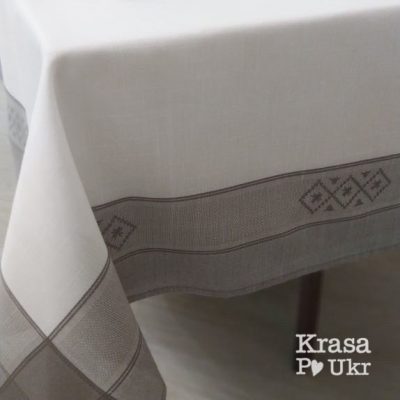 Біла скатертина з сірим малюнком #des36 для великого столу, розмір 150×220 см