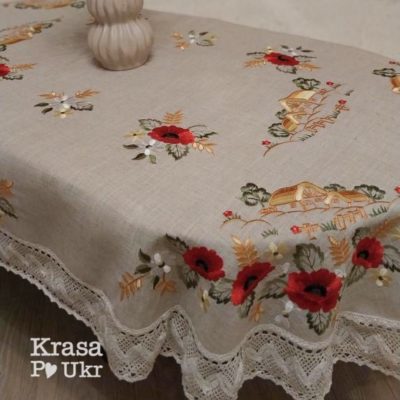 Скатертина на овальний стіл з вишивкою “Маки біля дому”, розмір 110×160 см