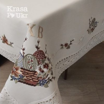 #095 Велика великодня скатертина “Пасхальна квіткова корзинка” - 150*220, 135*180 см - білий льон