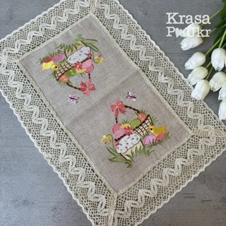 Пасхальний лляний рушник з вишивкою, “Рожева корзинка” - 60*40 см