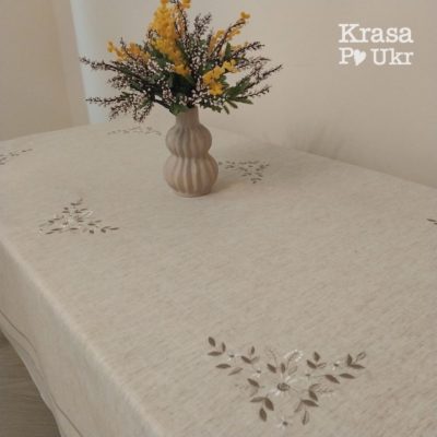 Сучасна скатертина з вишивкою “Пастельні квіти”, розмір 260×150 см