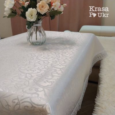 Атласна скатертина "абстракція біла" - 120*150 см, 130*180 см, 150*220 см