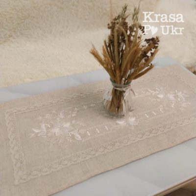 Ранер 40*90 см кольору кави з молоком з мінімалістичною вишивкою #155, з вшивним мереживом