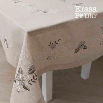 Класична скатертина у натуральному кольорі з вишивкою, дизайн “сірі ромашки” #536 – 135*180 см