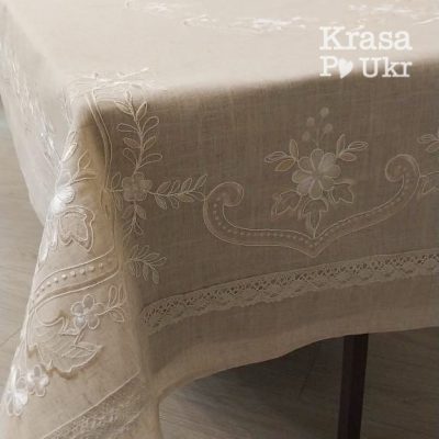 #422 Cкатертина лляна у натуральному кольорі з вишивкою #422 з вшивним мереживом - 150*220 см