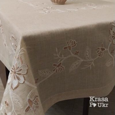 Скатертина на великий стіл, лляна, 150*220 см, “молочно-кавові квіти”  #266