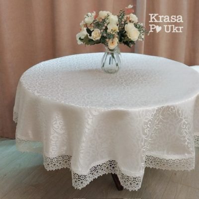 Атласна скатертина на круглий стіл “абстракція біла” в тон – 150 см, 180 см