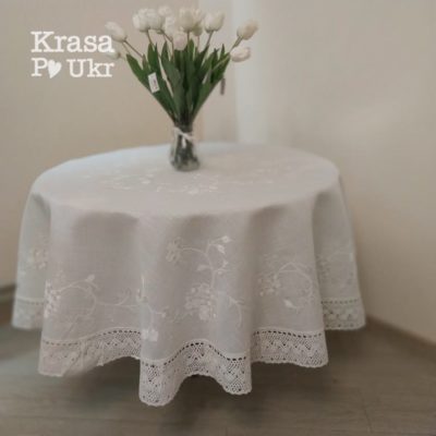 #259 Скатертина на круглий стіл, дизайн “гортензії” - "білим по білому", 180 см
