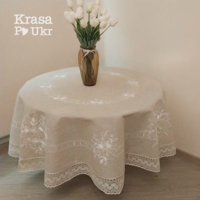 #155 Cкатертина лляна у натуральна з молочною вишивкою на круглий стіл (180 см)