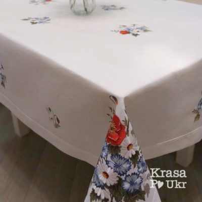 #063 Біла лляна скатертина з вишивкою, орнамент "польові квіти" 135*180 см