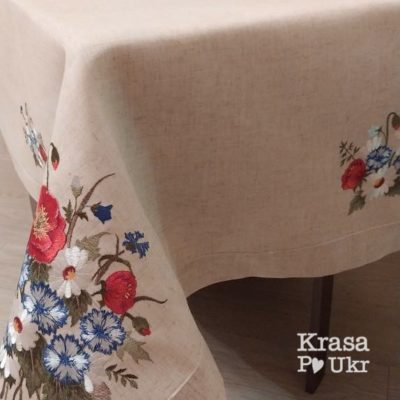 Лляна скатертина з вишивкою “польові квіти”, біла, прямокутна, розміри 135×180 см і 150×220 см, артикул #063