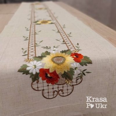 #057 Ранер ллянний “Симфонія соняхів та маків” – 40*180 см - натурального кольору