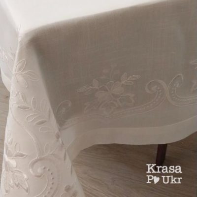 Скатертина з вишивкою “Білим по білому”, модель #422, розмір 150×220 см.