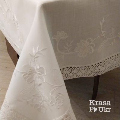 Скатертина з вишивкою “білим по білому”, модель #266, прямокутна, два розміри.
