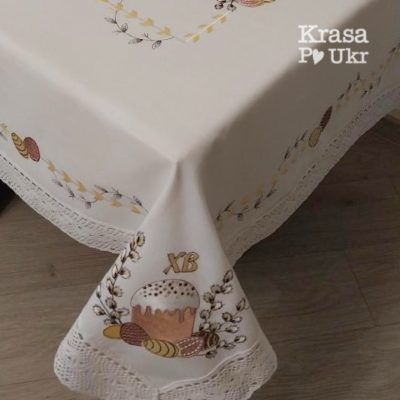 Лляна біла скатертина з вишивкою, дизайн “великодній мінімалізм” – 110*160 см, 135*180 см, 150*220 см