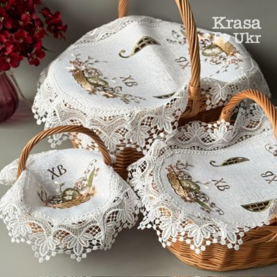 Великодній комплект серветок“Пастельна квіткова корзинка” (60*40 см або 42*30 см) та дитяча (30 см) - атлас