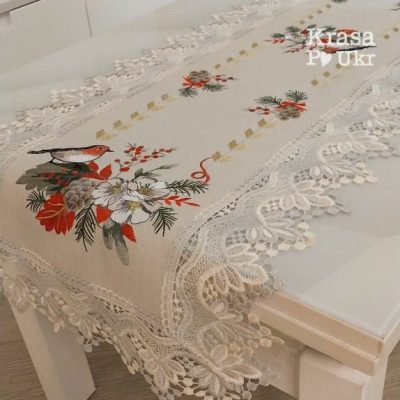 Вишитий різдвяний ранер на стіл, дизайн “Різдвяний снігур”, молочний 40*120 см, 40*220 см