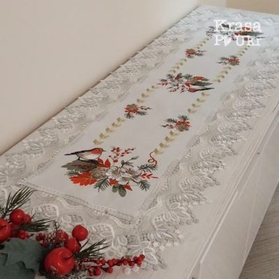 Вишитий різдвяний ранер на стіл, дизайн “Різдвяний снігур” 40*120 см, 40*220 см – білий