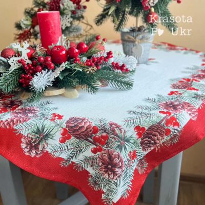 #1287 Скатертина 90*90 см, “Класика Різдва” з шишками, калиною та хвоєю