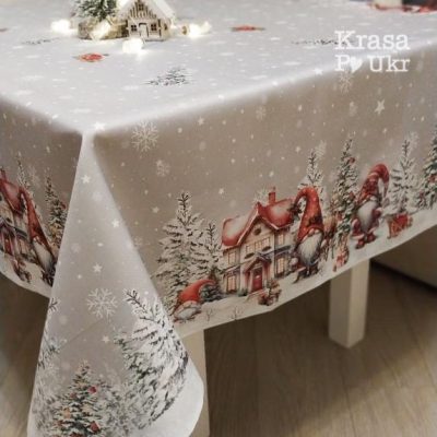 #008 Скатертина на святковий стіл "різдвяні гноми", сіра - 135*180 см