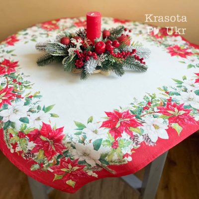 Новорічний комплект – скатертина 90*90 см та свічник, колекція “Різдвяна класика”