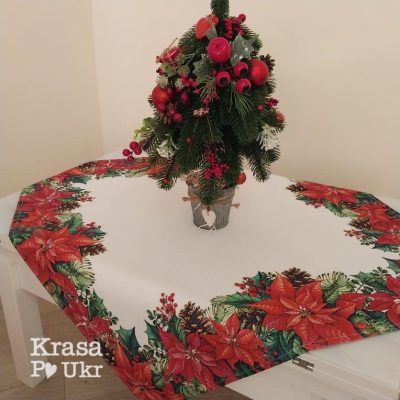 Новорічна скатертина 90*90 см - "Класика Різдва" з різдвяниками