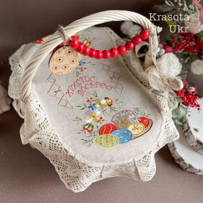 Пасхальна серветка на великий кошик “Крашанки” (62×42 см), льон