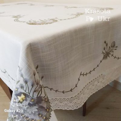 Лляна скатертина з вишивкою у сірих тонах "Великодня меланхолія" #0135 (150*220 см)