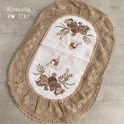 Великодній рушник “Кавові писанки” (60×40 см), льон з кавовим гачкованим мереживом