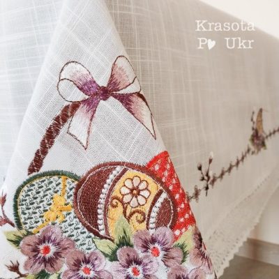 Великодня скатертина на великий стіл “Весняні барви” #0230, льон (150*220 см)