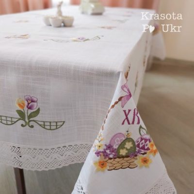 Великодня скатертина на стіл 150*220 см, «Лавандовий Великдень», білий льон