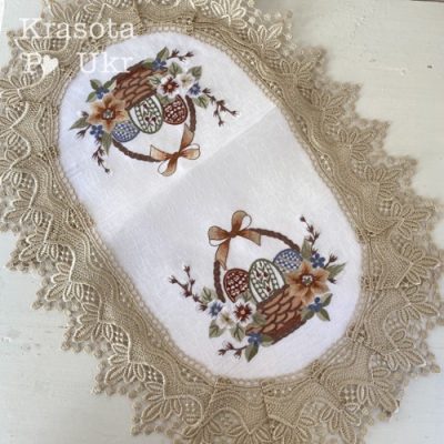 Рушник на кошик “Пасхальна квіткова корзинка”, атлас, з золотим мереживом (60*40 см)