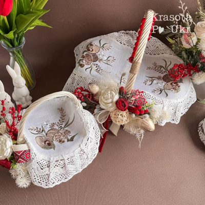 Комплект лляних серветок для дорослого та дитячого кошиків “Кавові писанки” (60*40 см і 30 см)