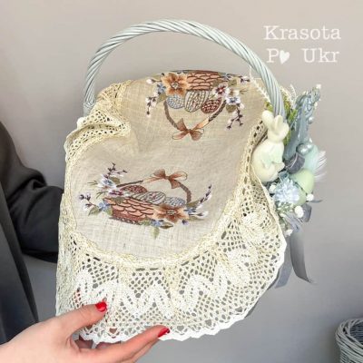 Великодній рушник “Пасхальна квіткова корзинка” (60*40 см), натуральний льон