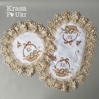 Комплект серветок “Пастельна квіткова корзинка”, атлас з золотавим мереживом (42*30 см та 30)
